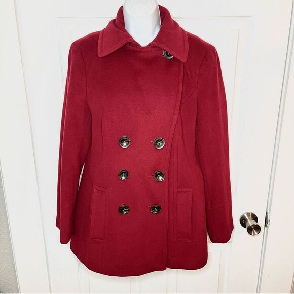 Calvin Klein Burgundy Wine Red Pea Coat Double Breasted Winter Wool Blend 10 - Picture 3 of 13
